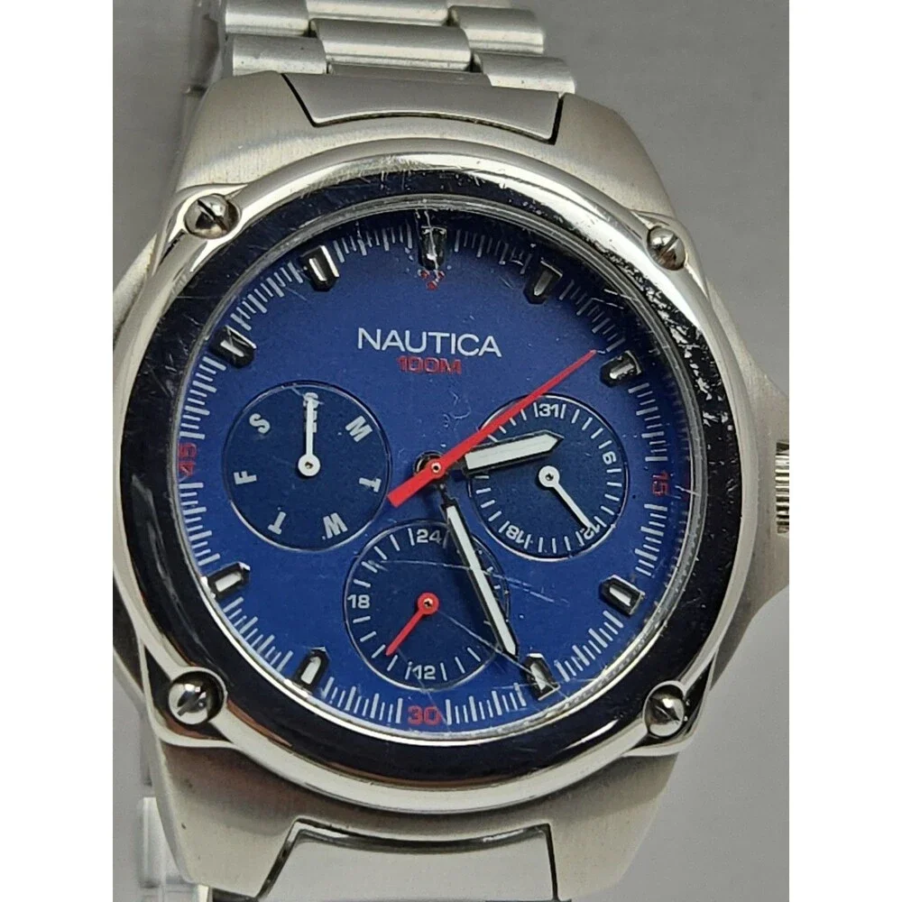 Vintage Nautica Mens 100M Blue Dial Day Date 24H Multi Dial Watch New Battery